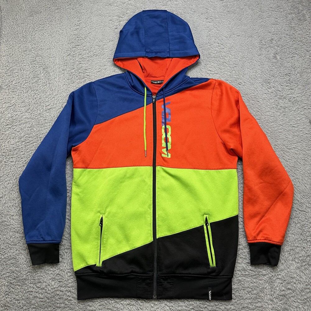 Volcom Hoodie Mens L Blue Orange Neon Green Black Full Zip Snowboard Skate